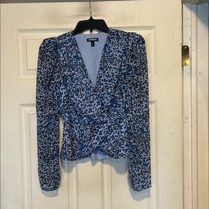 Express Blue and Black Long Puff Sleeve Leopard Print Faux Wrap Top Size XS